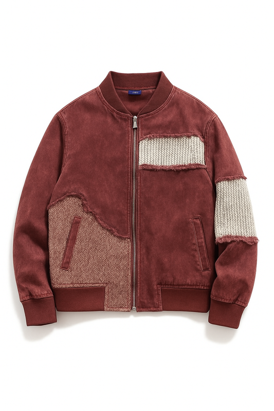 Rust Patchwork Bomber Jacket – Unisex Mixed-Fabric Streetwear Outerwear