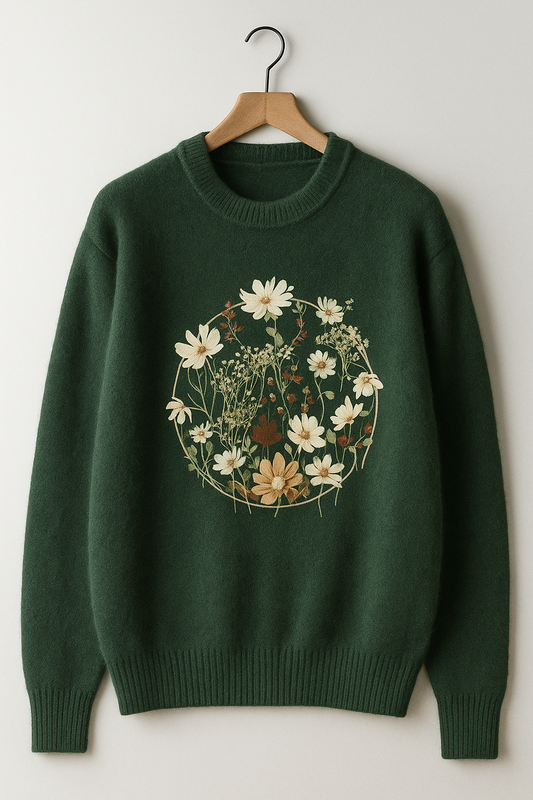Forest Green Floral Embroidered Sweater – Cozy Unisex Knit Pullover