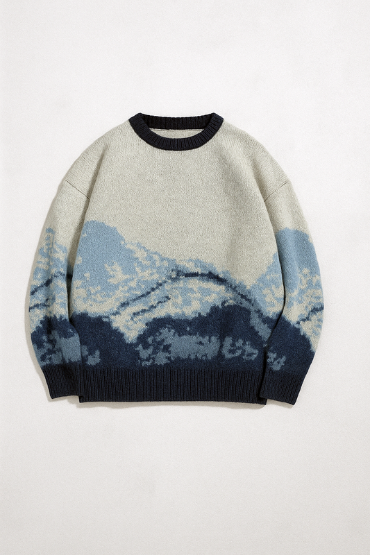 Blue Landscape Knit Sweater – Unisex Cozy Pullover With Mountain Pattern