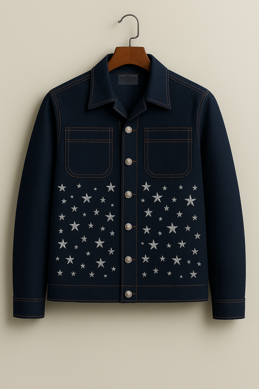 Navy Star-Embroidered Denim Jacket – Unisex Western Style Button-Down Outerwear