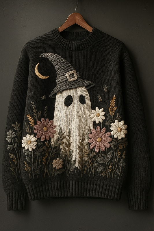 Black Ghost & Floral Embroidered Sweater – Cozy Unisex Knit Pullover
