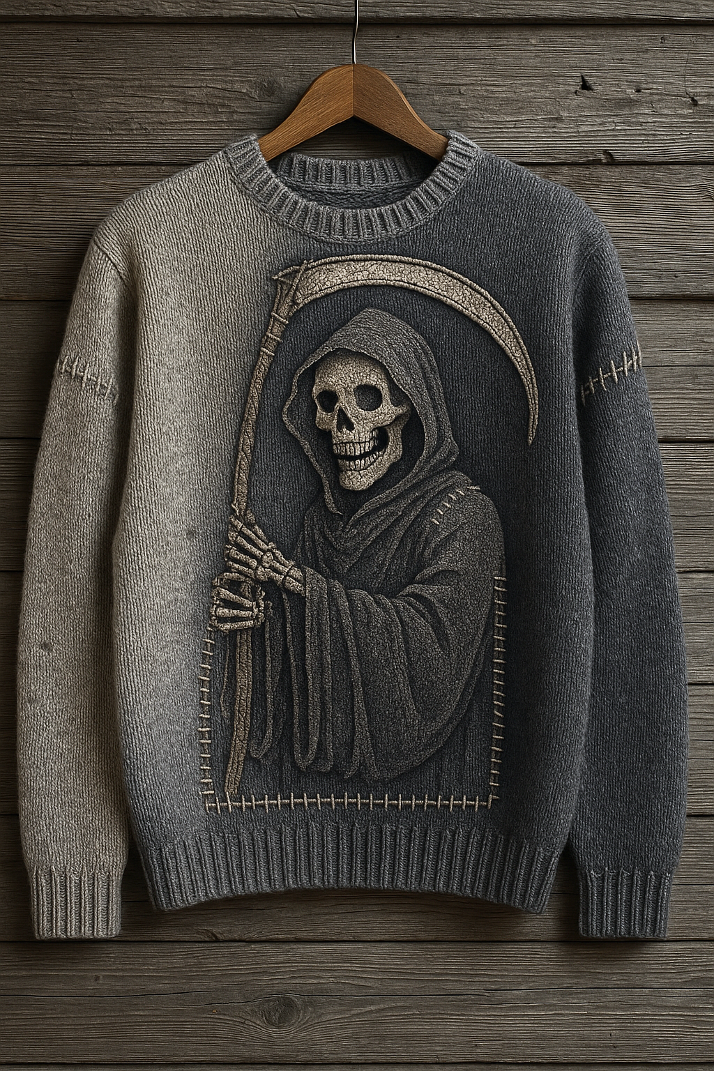 Grim Reaper Knit Sweater – Gothic Two-Tone Unisex Pullover With Skeleton Artwork