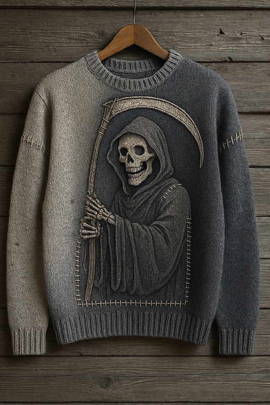 Grim Reaper Knit Sweater – Gothic Two-Tone Unisex Pullover With Skeleton Artwork
