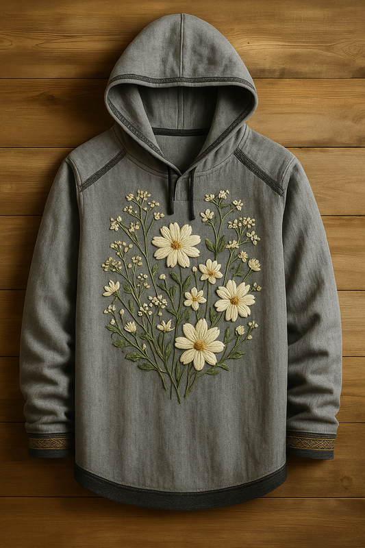 Gray Floral Embroidered Hoodie – Cozy Unisex Pullover With Botanical Daisy Design