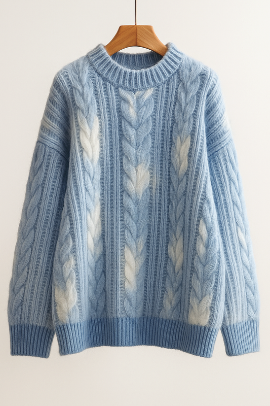 Soft Blue Cable-Knit Sweater – Cozy Chunky Unisex Pullover With White Braided Accents