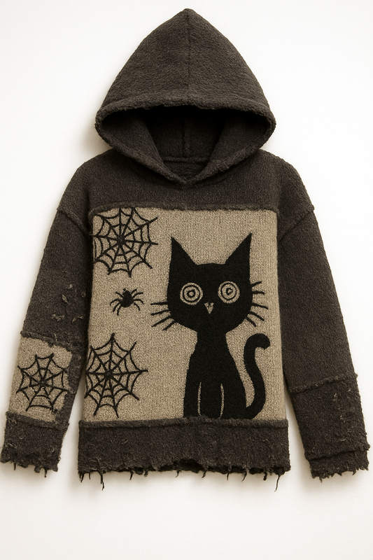 Black Cat & Spiderweb Hoodie – Distressed Cozy Unisex Pullover (Halloween / Gothic Aesthetic)