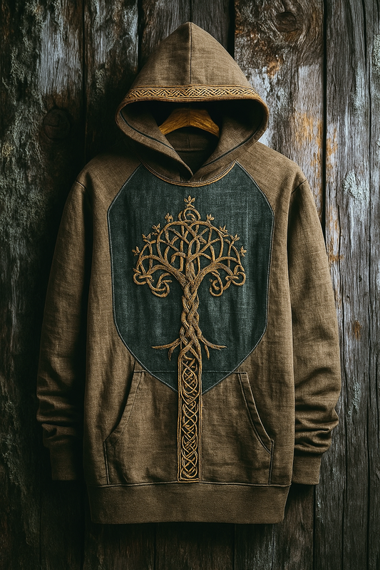 Celtic Tree Embroidered Hoodie – Rustic Brown Unisex Pullover With Knotwork Design