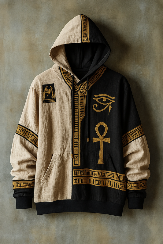 Egyptian Symbol Embroidered Hoodie – Unisex Black & Sand Pullover With Ankh & Eye of Horus