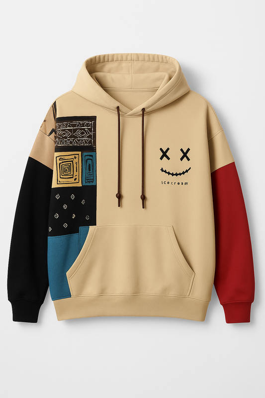 Beige Patchwork Graphic Hoodie – Unisex Streetwear Pullover With Artistic Prints