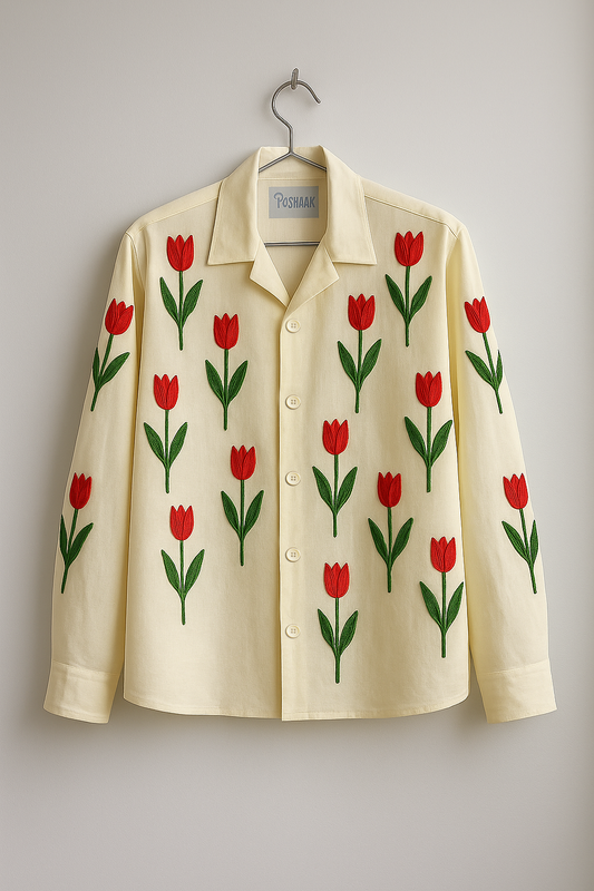 Cream Tulip-Embroidered Button-Up Shirt – Unisex Floral Cotton Shirt